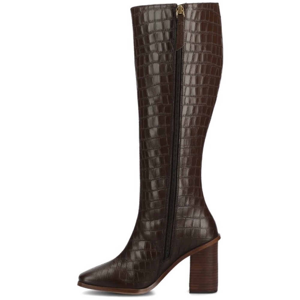 Chocolate Croc-Embossed Knee-High Boots